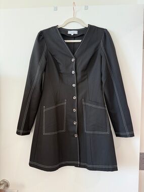 Rihoas Black Button-Front Coat Dress with Contrast Topstitching